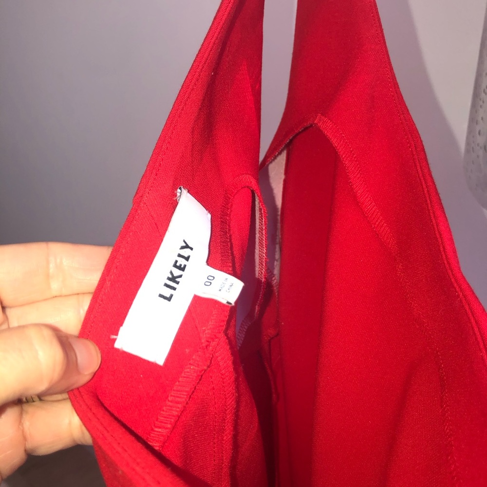 Likely red asymmetric neckline dress